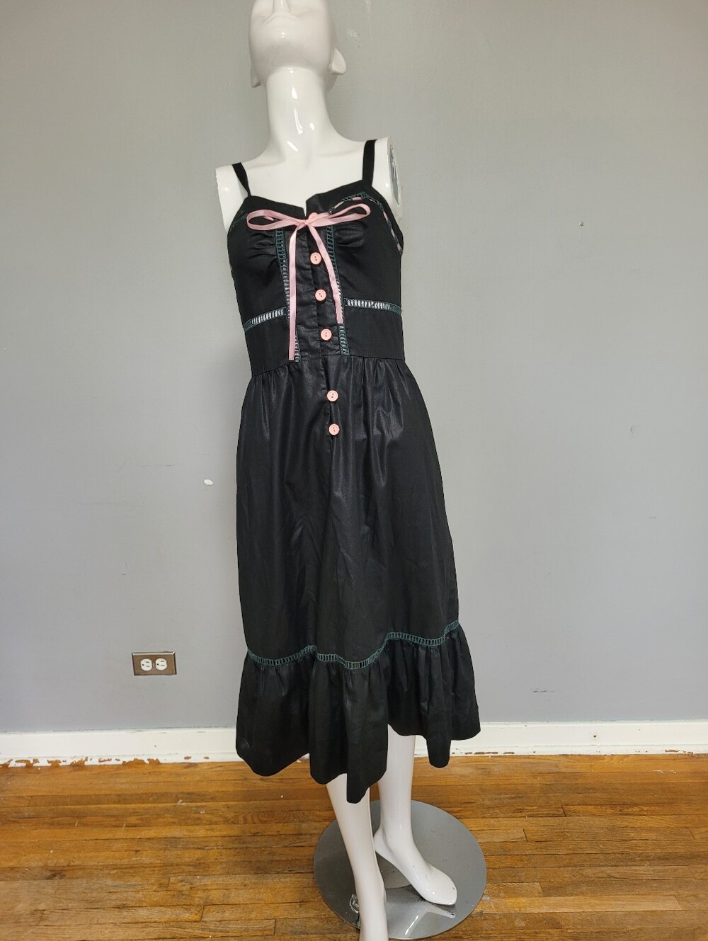 Vintage Black & Pink Trim Midi Ruffle Dress, VGUC, Approximate Size 2 - Picture 2 of 7